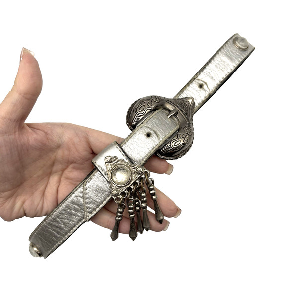 Vintage 80s 90s LEATHEROCK Silver Leather Dangle Buckle Jeweled Waist Belt 25-29 - Picture 7 of 15